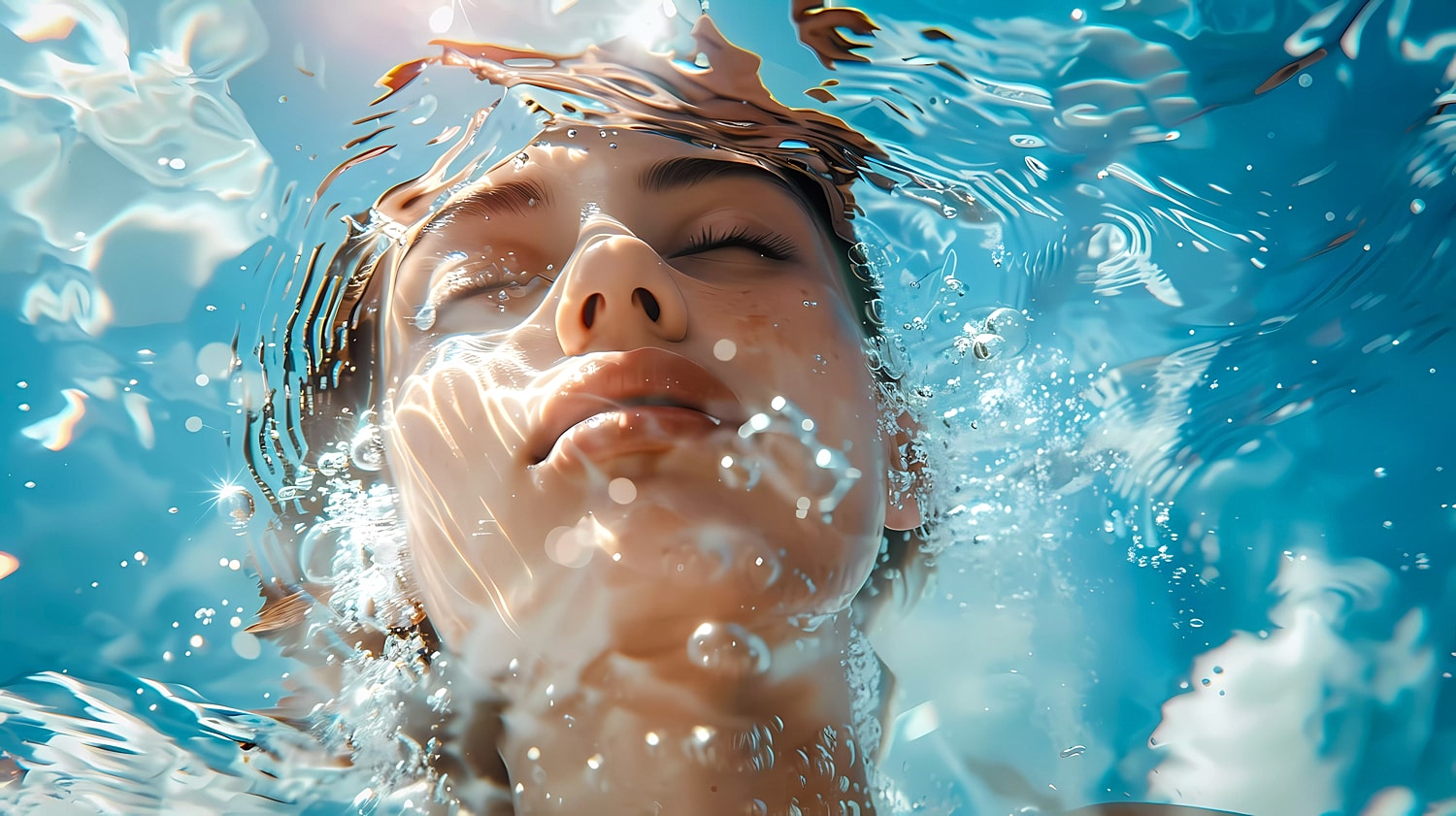 Person submerged in water, gentle bubbles surrounding.