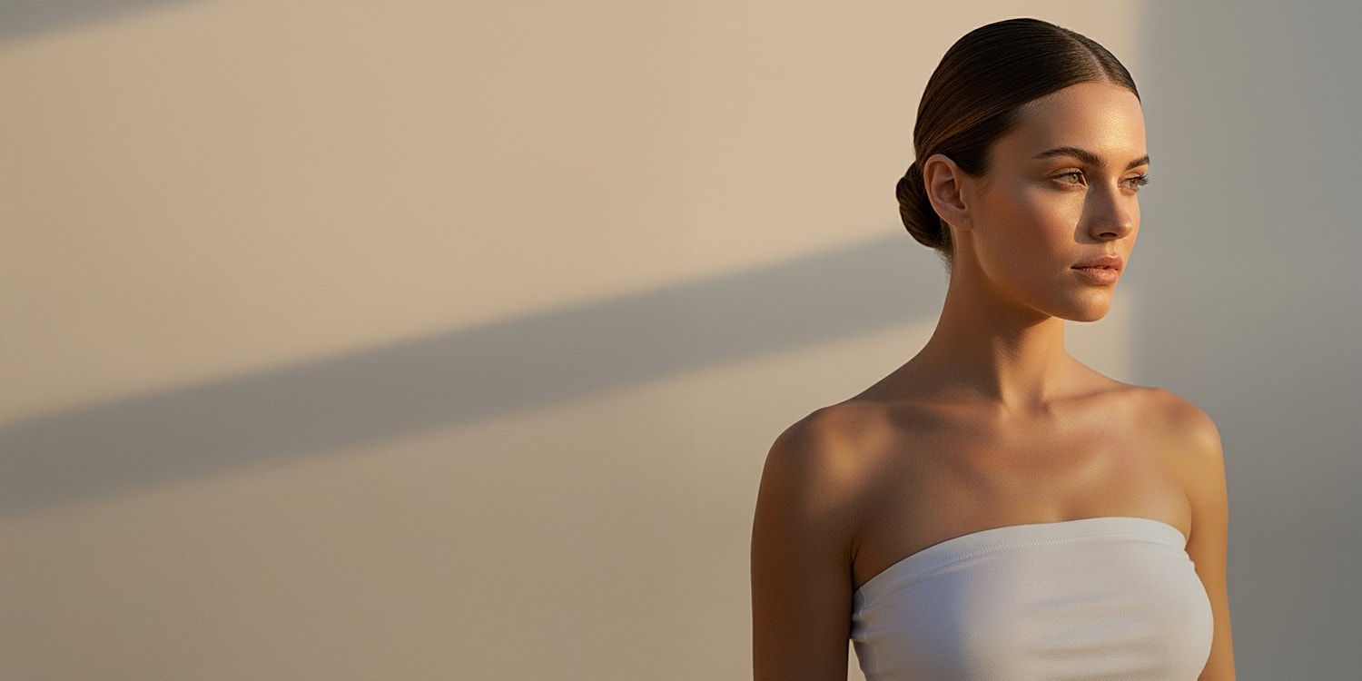 Woman in sunlight against a neutral background.