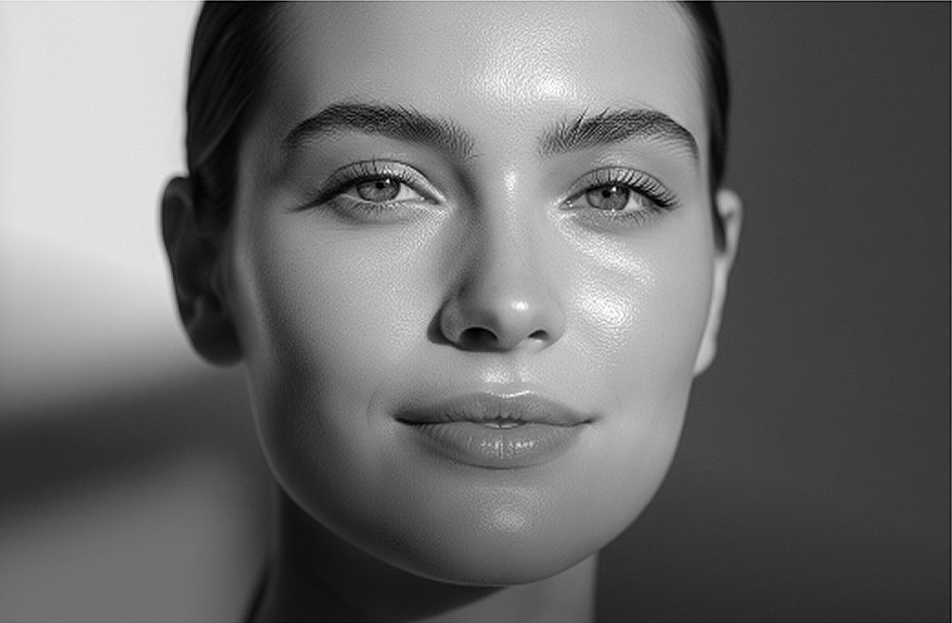 Woman with glamorous hairstyle and radiant makeup.