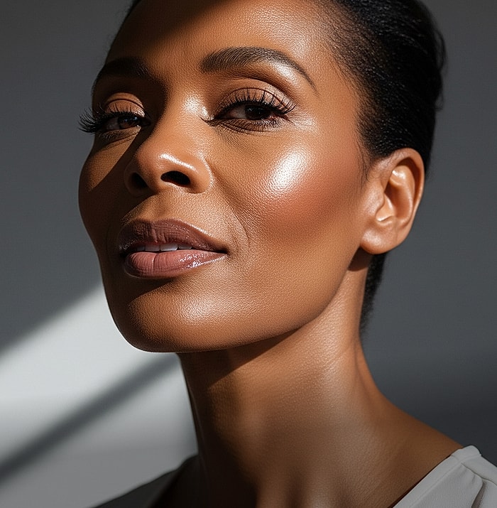 Woman gently posing with hands near face.