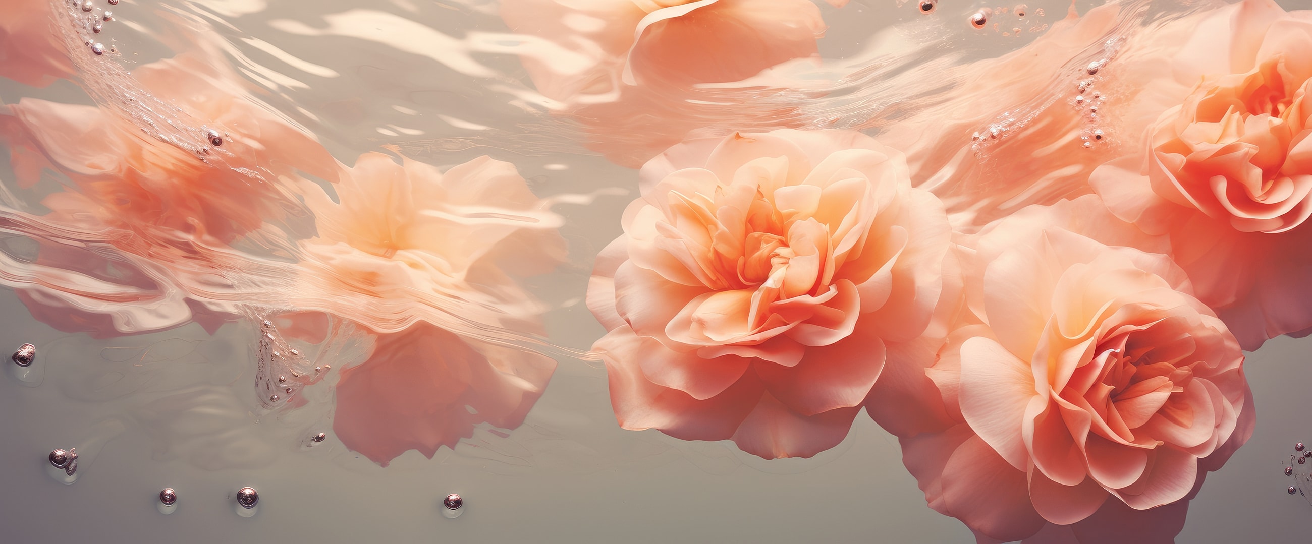 Peach roses floating in water with bubbles.